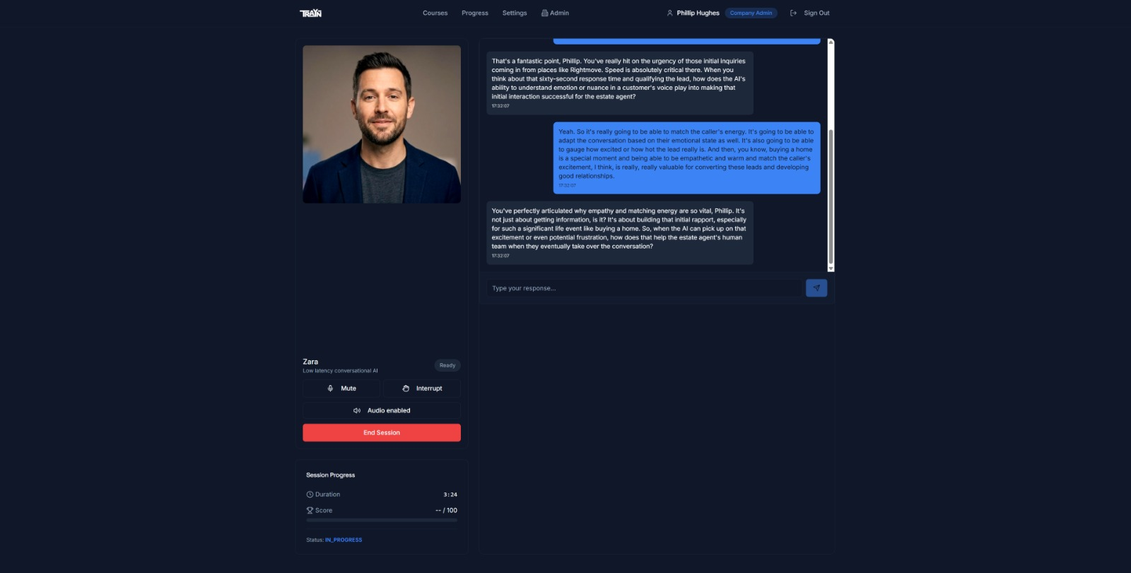 The Trayn platform running a live AI trainer session, showing the AI avatar, session controls, progress panel, and live transcript.